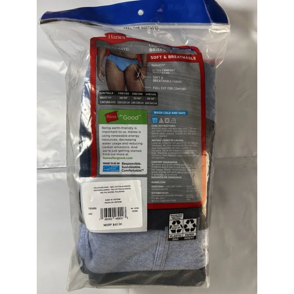 Hanes Briefs Men 4XB Multi Ultimate Big Man Tagless 6-Pack 7839B6 56-58” NEW